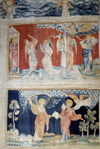 ヨハネの黙示録」（1373-1383）の掛け軸、n.25：第六のトランペット、ユーフラテスの天使たち。その下の第28段では、天使が聖ヨハネに書物を渡し、聖ヨハネは書物を貪る。ニコラ・バタイユ（1330-1405）のタペストリー 作： Nicolas Bataille