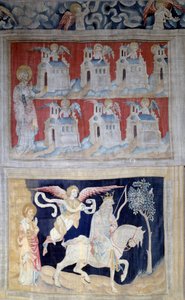 ヨハネの黙示録』（1373-1383）n.28：パトモスの聖ヨハネとアジアの7つの教会と下 第一の封印。白馬に乗った勝者。ニコラ・バタイユ（1330-1405）のタペストリー 作： Nicolas Bataille