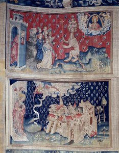 ヨハネの黙示録の吊り下げ（1373〜1383）、N.42：ベテの崇拝（？N. 49: バビロンの崩壊。ニコラ・バタイユ（1330-1405）のタペストリー 作： Nicolas Bataille