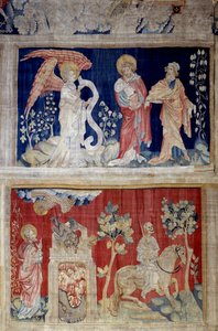 ヨハネの黙示録』（1373年～1383年）第6番と第10番の吊り下げ：第6番高。ヨハネが本を開けられずに泣いている、老人が慰めている、No.10は低い。死は自分の後ろに苦しみの場所を残す）。)ニコラ・バタイユ（1330-1405）のタペストリー 作： Nicolas Bataille