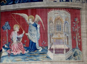 ヨハネの黙示録』（1373年～1383年）第27部：聖ヨハネと天使。ニコラ・バタイユ（1330-1405）のタペストリー 作： Nicolas Bataille