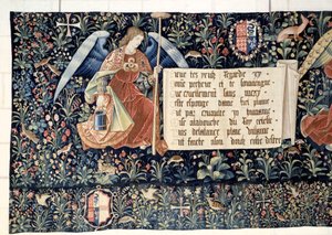 黙示録の吊り下げ（1373年～1383年）、天使が受難の道具を持っています。ニコラ・バタイユのタペストリー（1330年～1405年