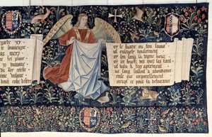 黙示録の吊り下げ（1373年～1383年）、天使が受難の道具を持っています。ニコラ・バタイユのタペストリー（1330年～1405年 作： Nicolas Bataille