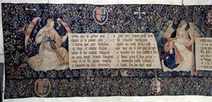 黙示録の吊り下げ（1373年～1383年）、天使が受難の道具を持っています。ニコラ・バタイユのタペストリー（1330年～1405年 作： Nicolas Bataille