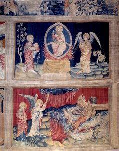 ヨハネの黙示録の幕（1373年～1383年）15番と18番：神と聖ヨハネは災いを見て泣いています。ニコラ・バタイユ（1330-1405）のタペストリー 作： Nicolas Bataille