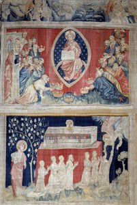 黙示録の幕（1373-1383）、n.5：威厳のあるキリストの前にひれ伏す高齢者たち（栄光のイエス・キリストはマントルラの中に表現されている）。N. 11: 殉教者の魂。ニコラ・バタイユ（1330-1405）のタペストリー 作： Nicolas Bataille