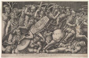 ダキア人と戦うローマの兵士、馬と馬との浅い深さでの戦闘シーン、1553. 作： Nicolas Beatrizet