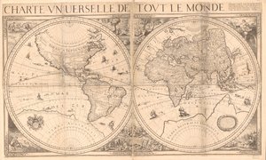 絵で示されているレリーフ。 メモが含まれています。 イラストには、エデンの園と最後の審判の画像と、シートの隅にある 4 つの寓話的な人物が含まれています。 4枚から組み立てます。 布に一緒にマウントされた 2 枚の LC コピー。 折り線 作： Nicolas Berey