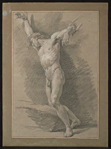 裸の男のアカデミー、ロープで縛られた腕 (灰色の紙に黒と白のチョーク) 作： Nicolas Bernard Lepicie