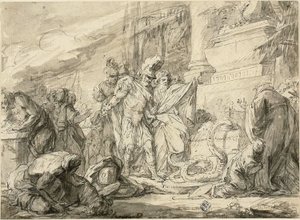 アンキーセスの墓のアエネアス（右）。 Anchises の書の Aeneas (詩) 作： Nicolas Bernard Lepicie