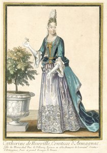 フランスのファッションを広めるフランス版画 : アルマニャック伯爵夫人カトリーヌ・ド・ヌーヴィルの肖像 アルマニャック伯爵夫人、カトリーヌ・ド・ヌーヴィルは、フランスのファッションに合わせて着飾っています。 1685年 作： Nicolas Bonnart (fils)