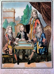 ルイ14世（1638年～1715年）の孫、ブルゴーニュ公ルイ（1712年没）、アンジュー公フィリップ（1683年～1746年）、ベリー公シャルルが父ルイ（1711年没）と一緒に、フランスのドルフィンであるトリック・トラック（TrictracまたはTrictrac：バックガの祖先）を演奏している様子。