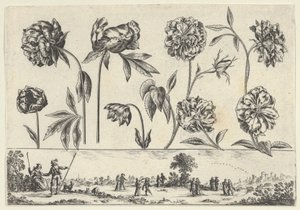 風景の中の人物を描いたフリーズの上に一列に並んだ花の水平パネル、Li...、1645年作。 作： Nicolas Cochin
