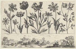 風景の中の人物を描いたフリーズの上に一列に並んだ花の水平パネル、Li...、1645年作。