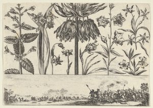 フリーズの上に花が一列に並んだ水平パネル、風景の中の戦闘シーン、...、1645年。 作： Nicolas Cochin