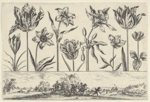 フリーズの上に花が一列に並んだ水平パネル、風景の中の戦闘シーン、...、1645年。 作： Nicolas Cochin