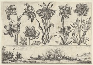 フリーズの上に花が一列に並んだ水平パネル、風景の中の戦闘シーン、...、1645年。 作： Nicolas Cochin
