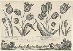 フリーズの上に花が一列に並んだ横のパネル、風景の中の狩猟シーン、...、1645年。 作： Nicolas Cochin