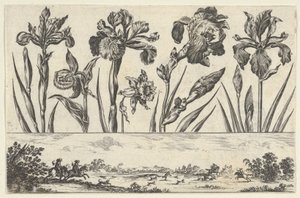 フリーズの上に花が一列に並んだ横のパネル、風景の中の狩猟シーン、...、1645年。 作： Nicolas Cochin