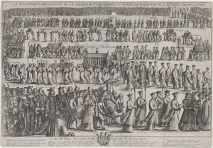 聖職者と信徒が 6 列に並んで行進する、聖ジュヌヴィエーヴの棺の行列、1652 年。 作： Nicolas Cochin