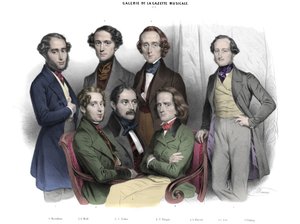 Galerie de la Gazette musicale N. 2.1842年の著名人：フレデリック・ショパン（1810-1849）フランツ・リスト（1811-1886）、ヤコブ（ヤコブ、ジャック）・ローゼンハイン、エドゥアール・ウォルフ、ジギスムント・タールベルク、アドルフ・フォン・ヘンゼルト、テオドール（テオドール）・ドーラー（1814-1856）。ニコラによる刻印 作： Nicolas Eustache Maurin