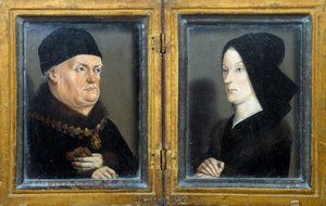 マテロンの二枚組：アンジュー公、プロヴァンス伯、シチリア王、エルサレム王（1409-1480）のルネとその妻ジャンヌ・ド・ラヴァルの肖像画。ニコラ・フロマン（1425年頃-1483年/1486年）による絵画 日。0,17x0,13 m