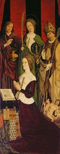 モーゼスとバーニングブッシュの三連祭壇画、右パネル、ジャンヌデラヴァル（d.1498）とセントジョン、セントキャサリン、セントニコラス、1476年（26442、173010、232840も参照）