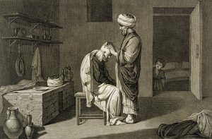 エティエンヌ・フレデリック・リニョン（1779-1833）がナポレオンの命令で出版した「エジプトの記述」の第2巻「芸術と商売」に掲載されている「理髪師」。 作： Nicolas Jacques (after) Conte