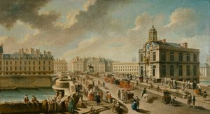 1777年、メジスリー河岸から見たポン・ヌフとサマリテーヌのポンプ。 作： Nicolas Jean Baptiste Raguenet