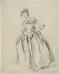 勉強：腰に手を置いて立っている若い女性 作： Nicolas Lancret
