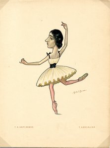 タマラ・カルサヴィナの肖像 (1885-1978) ロシアのバレリーナ - ニコライ・グスタヴォヴィッチ・レガート (1869-1937) によるリトグラフ、Ballet russe en caricatures から抽出 作： Nicolas Legat