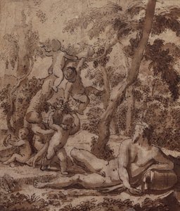 川の神とプッチのある森の風景 (ペンとインク) 作： Nicolas Poussin