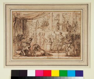 寺院でのアンティークの犠牲（ペンと茶色のインクと赤いチョークの上に茶色のウォッシュ） 作： Nicolas Poussin