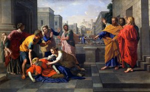 聖ペテロの足元で焼かれて倒れたアナニヤの妻サフィラの死、1652年頃（油彩・キャンバス 作： Nicolas Poussin