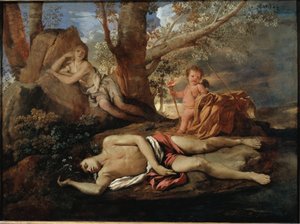 ニコラス・プッサンの「レ・メタモルフォーゼ」の絵画でオヴィーズに影響を与えた伝説のエコーと水仙のイラスト 作： Nicolas Poussin