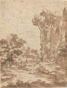 小川で沐浴する人物 作： Nicolas Poussin