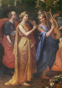 プリアポスへの供物の間の女性を装ったヒメナイオス、ミュージシャンの詳細、1634-38年 作： Nicolas Poussin