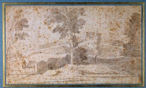 中央に大きな木とベルヴェデーレのある風景 作： Nicolas Poussin