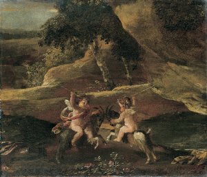 山羊で戦うプッティ 作： Nicolas Poussin