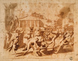 Sabine Womenのレイプ（紙にペンとインクで洗う） 作： Nicolas Poussin
