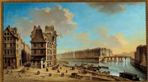 グレーブ広場から見たグレーブ川岸、サン・ルイ島、ポン・ルージュ 絵画：ニコラ・ラグネ（1715-1793） 18世紀 日の丸。0.46x0.84 m パリ、カルナヴァレ美術館 - グリーブ広場から見たサン・ルイ島とポン・ルージュの岸辺