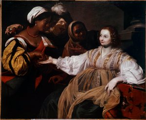 占い師 手相占い師に相談に来た女性がいました。ニコラ・レニエ（1591-1667）による絵画 日。1.2x1.5メートル 作： Nicolas Regnier