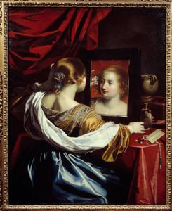 トイレの若い女性 絵画 ニコラ・レニエ（1590-1667）作 1626年 日。1,3x1,05 m Lyon, musee des Beaux Arts - トイレの若い女性。ニコラ・レニエ（1590-1667年）の絵画