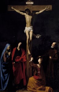 十字架上のキリスト、聖母、マドレーヌ、聖ヨハネ、聖ヴィンセント・ド・ポール 十字架上に「INRI」の銘がある。ニコラ・トゥルニエ（1590-1657）による絵画 作： Nicolas Tournier