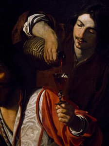 ニコラ・トゥルニエ（1590年に洗礼を受け、1639年以前）による「酒飲みの会合」の詳細、ワインを注ぐ召使、油彩・キャンバス 作： Nicolas Tournier