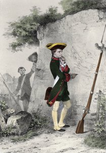 1783年、ブリエンヌの軍事学校でのナポレオン1世ボナパルト（1769 - 1821）。シャルレによる19世紀の版画。