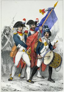 危機に瀕した祖国。戦争に出発する第一共和国（1792年〜1799年）の志願兵たち（カラーの彫刻 作： Nicolas Toussaint Charlet