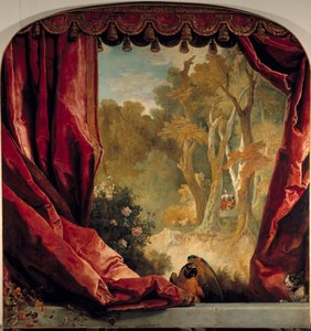 カーテン、風景、動物が描かれた装飾的な構図 ニコラ・ド・ラルジリエール（1656-1746）の絵画 18世紀 日2,61×2,51メートル 作： Nicolas de Largillière
