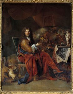 ルイ14世の最初の画家であるシャルル・ルブラン（ル・ブラン）（1619-1690）の肖像 ニコラ・ド・ラルジリエール（1656-1746）による絵画 薄暗い。2,32 x 1,81 m. パリ。ルーヴル美術館