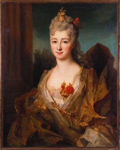白と金の刺繍のドレスを着た、半分の長さの女性の肖像画 作： Nicolas de Largillière
